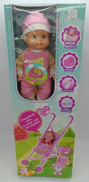 COCHE PLASTICO CON MUÑECA DE 14" (3 COLORES SURTIDOS)