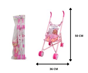 COCHECITO DE BEBÉ Y MUÑECA DE METAL 2 COLORES SURTIDOS